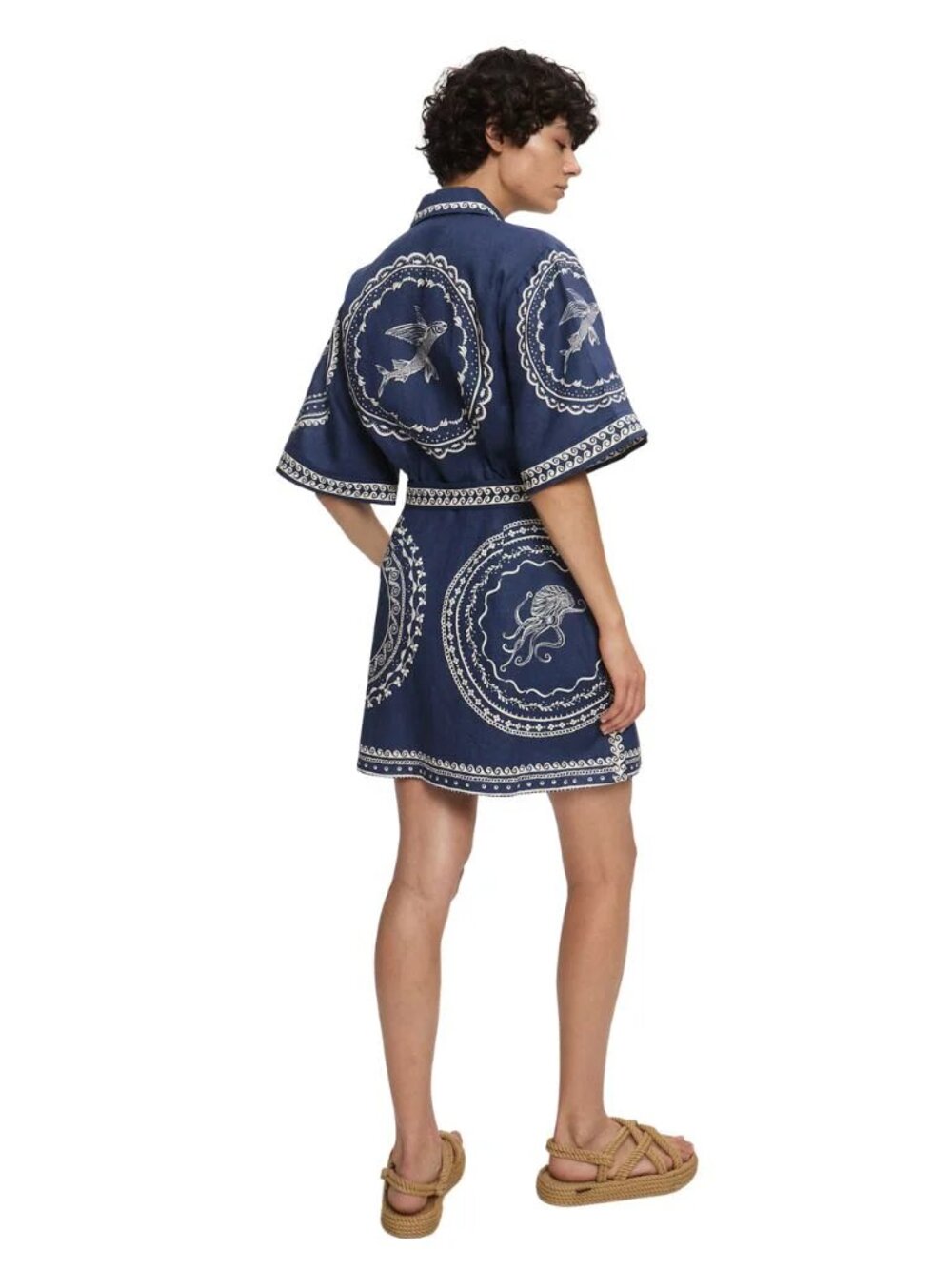 Alemais Oceane Mini Dress Navy Floral Linen Puff Sleeve Dress - Picture 3 of 12